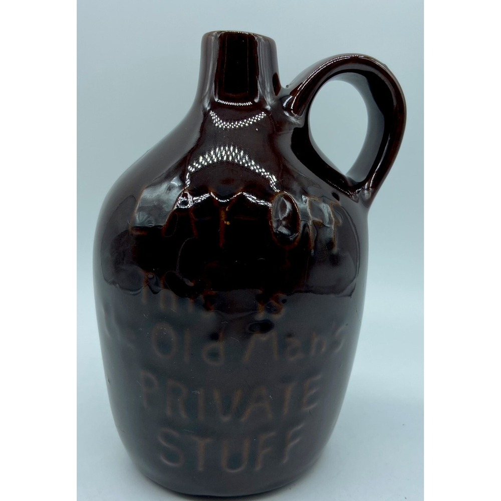 Lay Off This is the Old Mans Private Stuff Brown Pottery Whiskey Jug  Vintage 6"